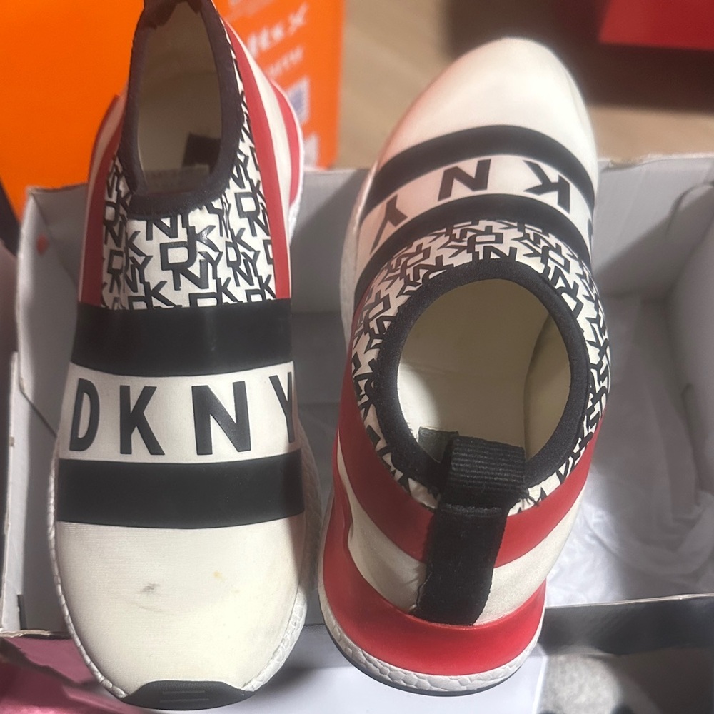 DKNY Red and White Slip-On Sneakers